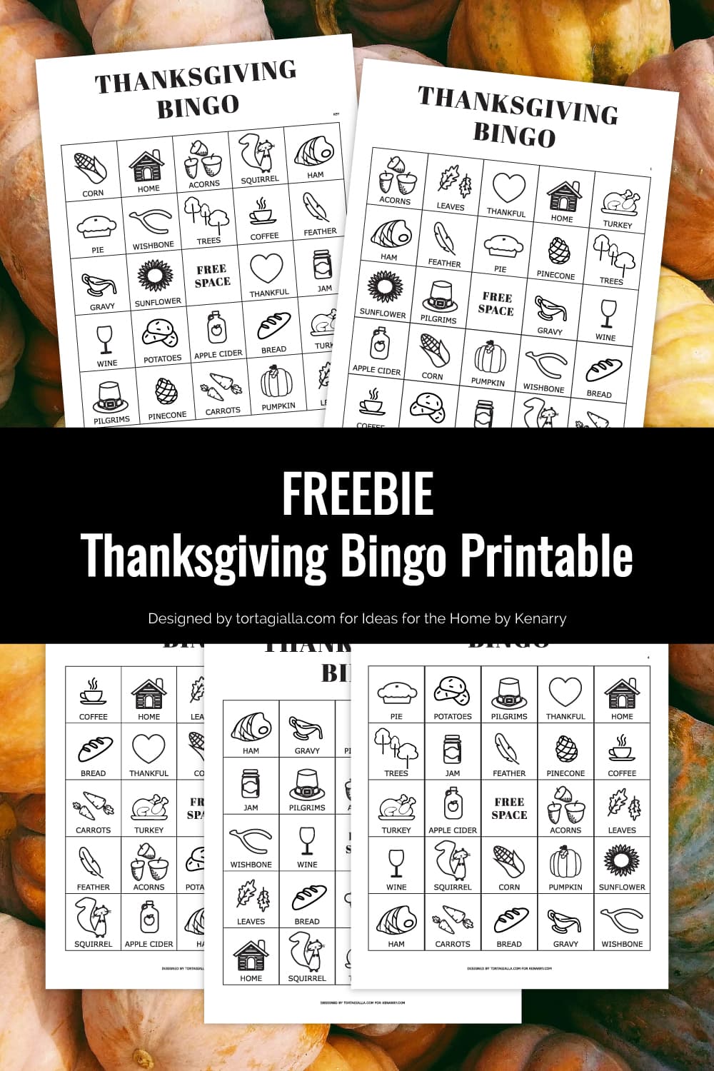 Preview of printable bingo pages with Thanksgiving icons on top of background with pumpkins.