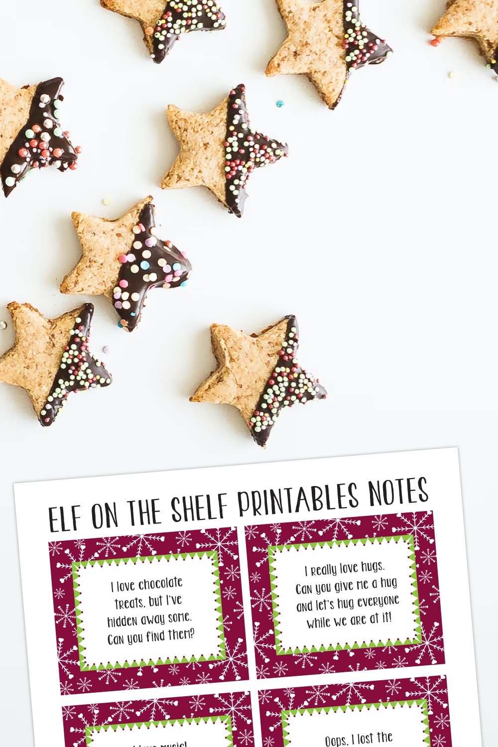 Preview of elf on the shelf notes on white background with scattered star cookies on top.
