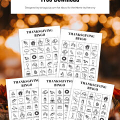 Preview of 5 pages of thanksgiving bingo cards to print on bokah blurry background.