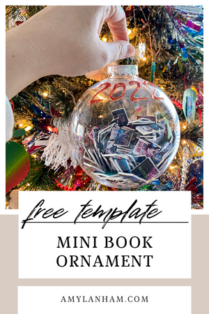 Hand holding a clear ornament in front of a Christmas tree. Clear ornament has small books inside and 2022 written on the outside.