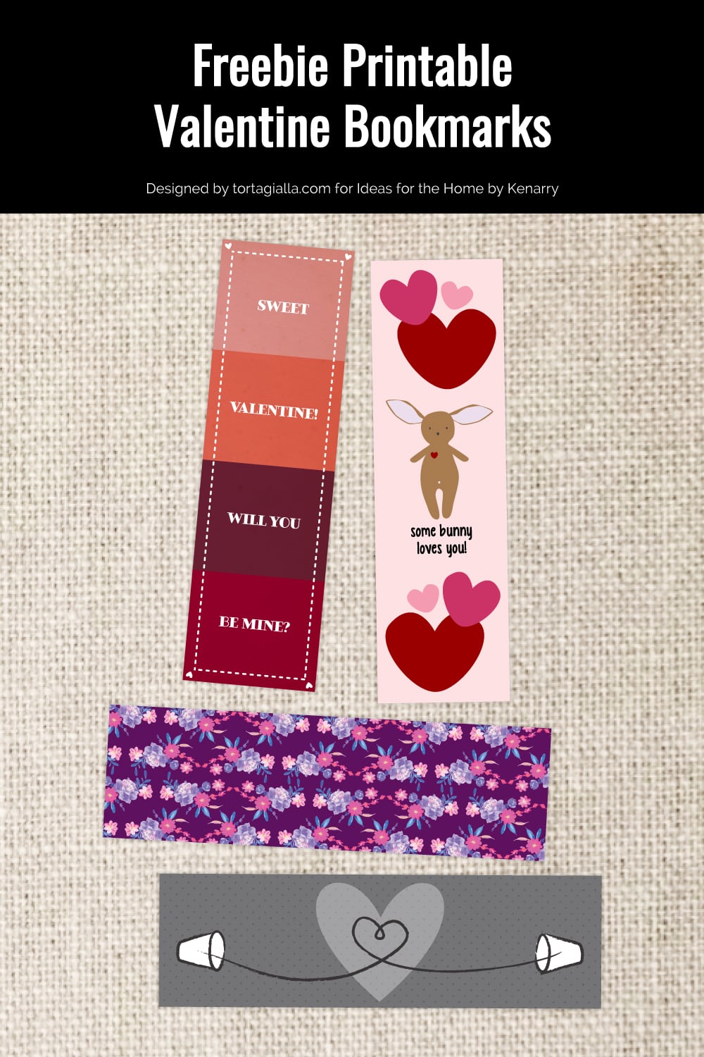 Preview of valentine printable bookmarks on linen cloth background in beige color. 