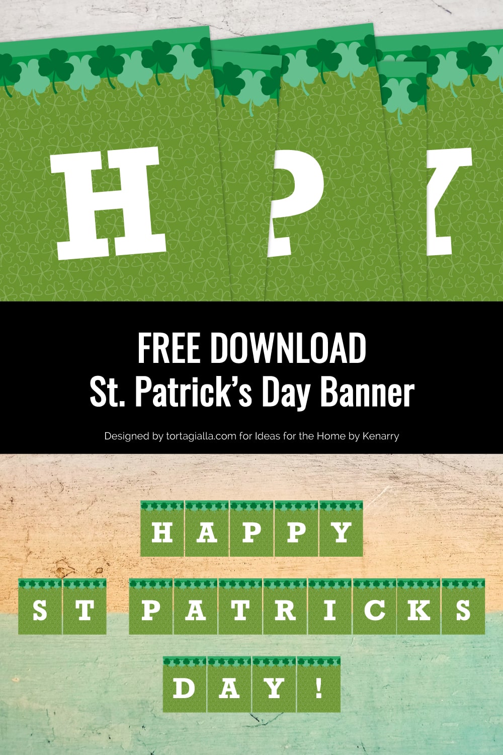 Preview of Happy St. Patrick's Day Banner printable pages on top of a gradient white to yellow to mint colored wooden background. 