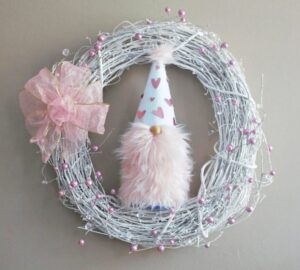 gnome grapevine wreath for Valentine's day on wall