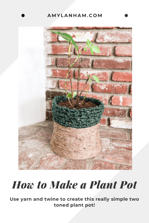 A jute and green yarn plant pot holding a plant
