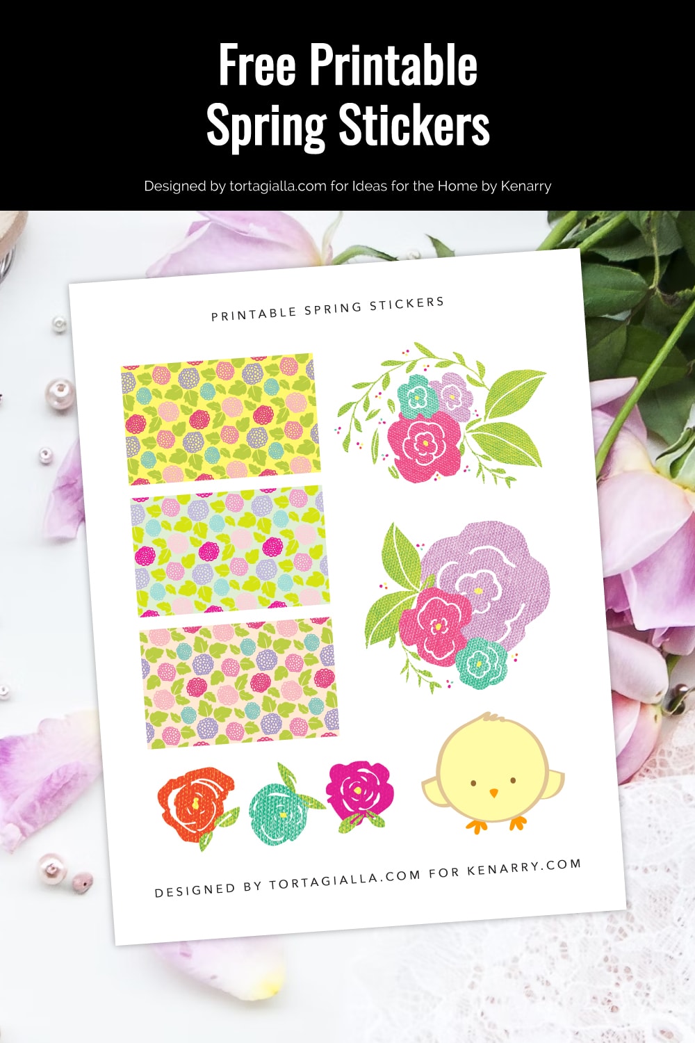 Preview of spring stickers printable page on top of white desk with pink roses and petals with decorative pearls and lace underneath.