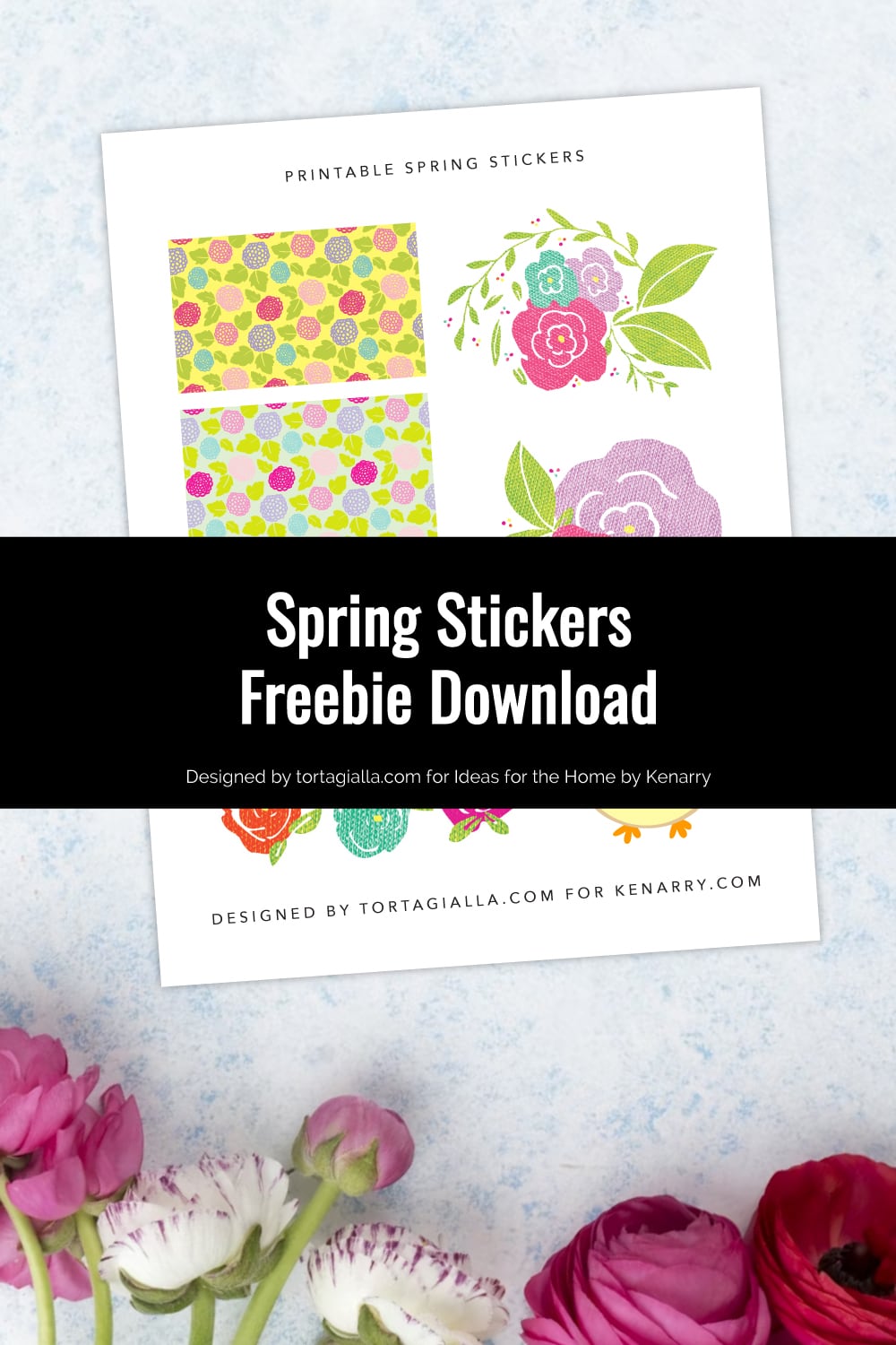 Preview of spring stickers printable page on top of countertop with row of white and pink flowers on the bottom.