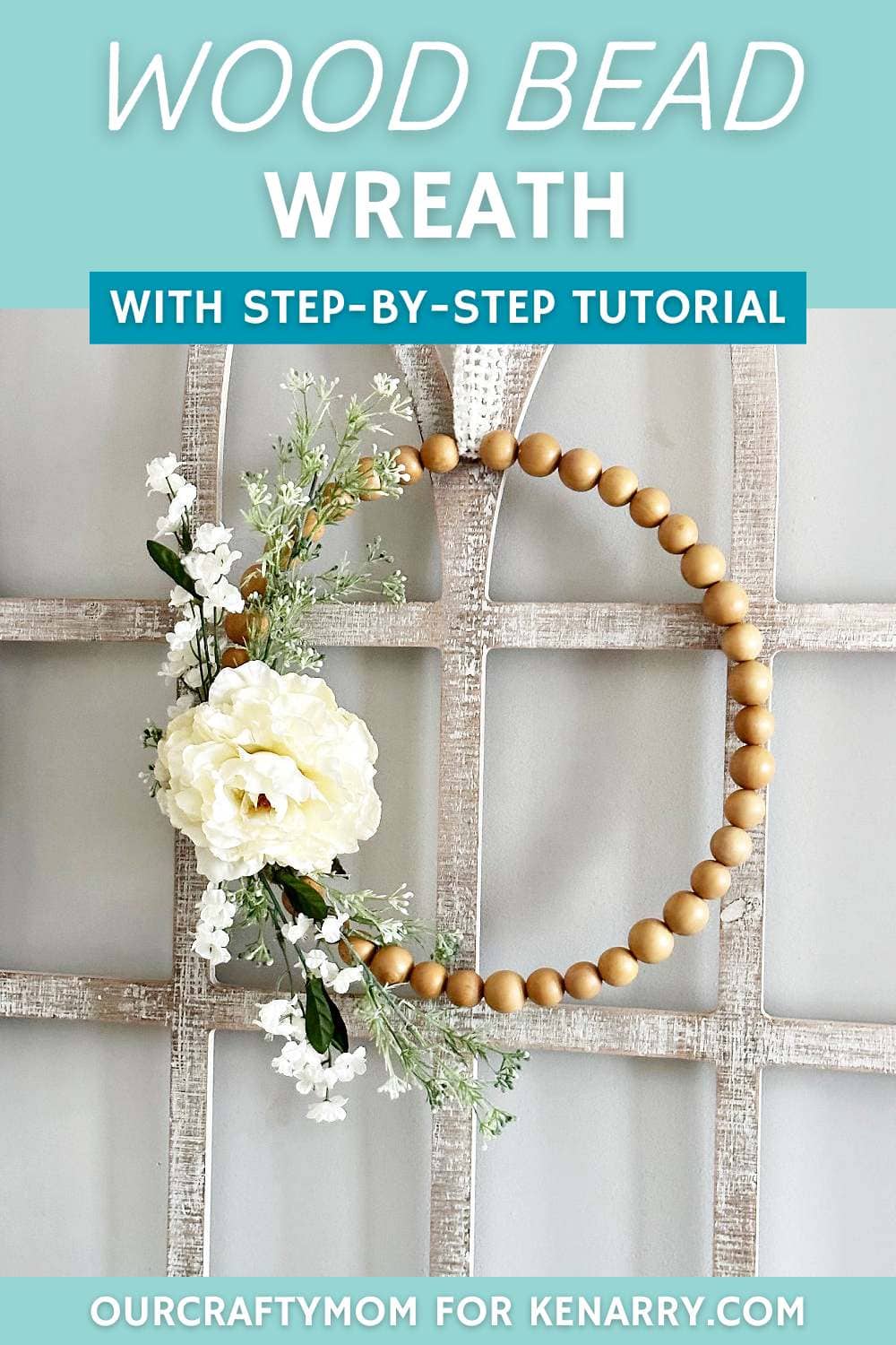 wood bead wreath on arch pin with text